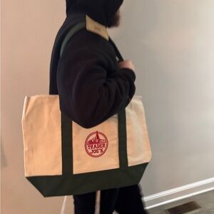 Trader Joe's Green and Cream Canvas Large Tote Bag